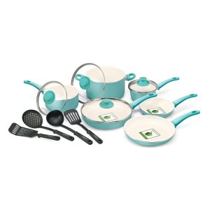 GreenLife 14 Piece Nonstick Ceramic Cookware Set with Soft Grip, Turquoise