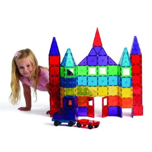 Playmags半透明彩色磁性建筑玩具100片装(带小车配件和收纳包)