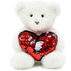 Valentine 17" Lovable White Teddy with Reversible Sequins Heart Pillow