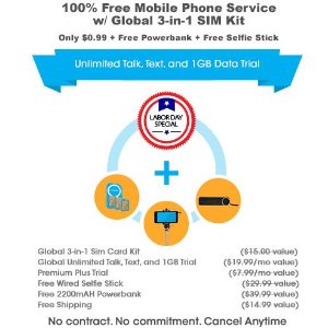 FreedomPop Global GSM 3-in-1 SIM Kit + 1GB Data Trial + Powerbank + Selfie Stick