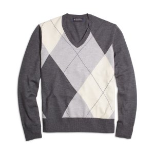 Brooks Brothers Merino Wool Argyle V-Neck Sweater