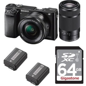 Sony Alpha a6000 Mirrorless Camera w/ 16-50 and 55-210 Lenses +2 Battery Kit + 64GB Card