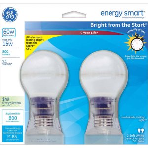GE 60W Equivalent Bright From the Start CFL Light Bulb, A19, 2-Pack