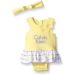 新生儿宝宝好礼物！Calvin Klein Baby Girls鹅黄色连体衣附蝴蝶结绑带