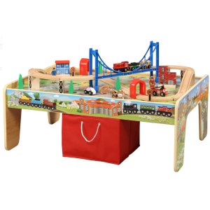 Wooden 50-Piece Train Set with Small Table