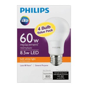 飞利浦Philips 60瓦暖白色(2700K)A19 LED节能灯泡4个