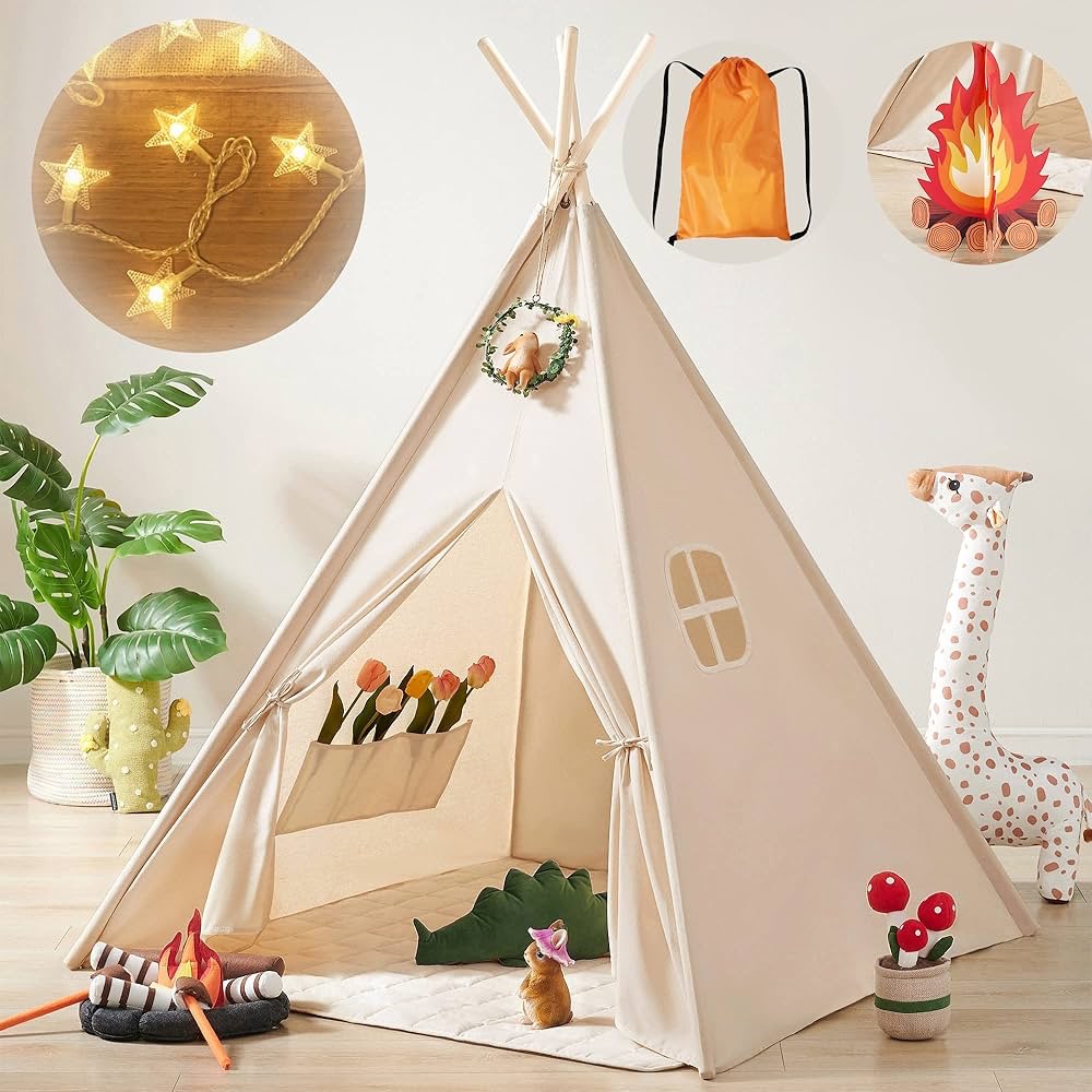 Tiny Land Kids-Teepee-Tent with Star Lights & Campfire Toy & Carry Case, Stable Teepee Tent for Kids, Play Tent for Toddler, Teepee Tent for Kids Indoor Tent, Outdoor Play Tent for Girls & Boys, Play 