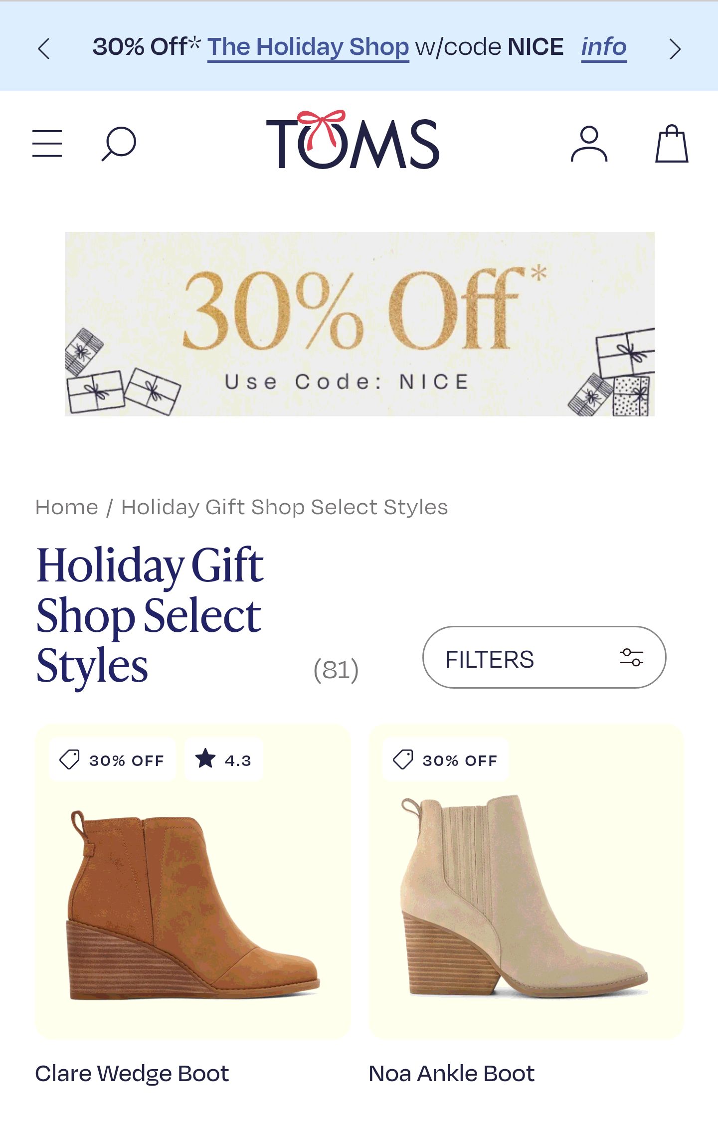 Holiday Gift Shop Select Styles 30% Off | TOMS