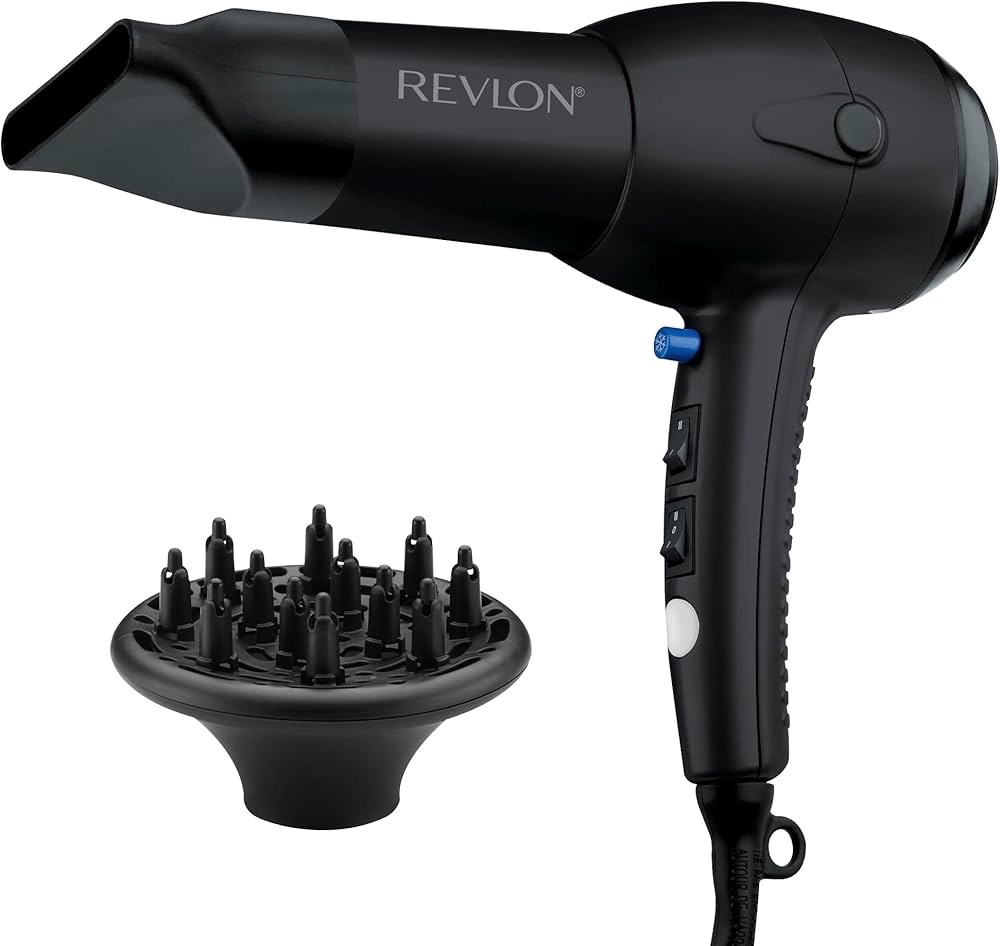 Revlon RV544FBLK Advanced Ionic Technology™ Hair Dryer with Diffuser, Powerful, Ionic Hair Dryer with Concentrator, Quick Dry, Lightweight, 2 Heat/ Speed Settings, Less Frizz, Shiny and Smooth Hair, B