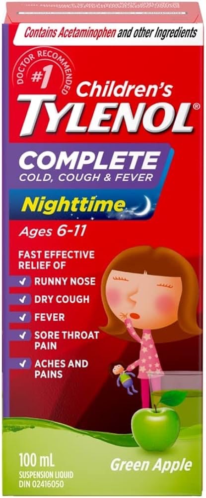 TYLENOL Children’s Complete Cold, Cough & Fever Suspension Liquid, Nighttime, Relieves Cough, Cold & Fever symptoms, 100mL, Green Apple Flavour, For ages 6-11yrs : Amazon.ca: Health & Personal Care