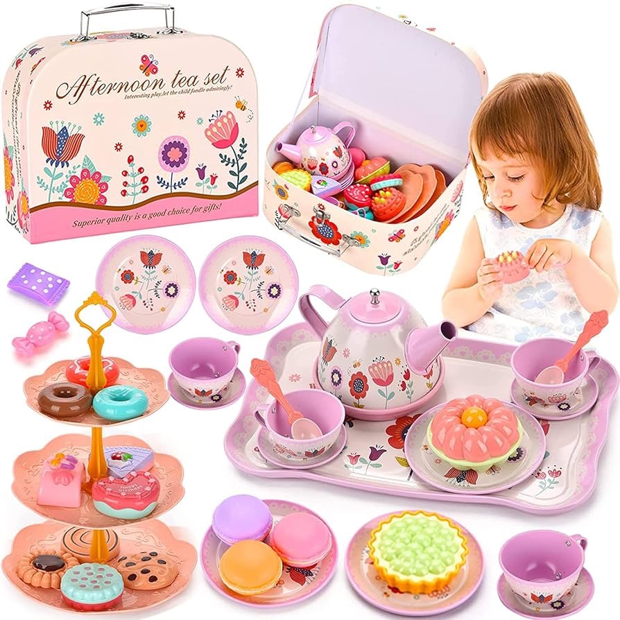 Kids Tea Set for Little Girls,Gift for Age 3 4 5 6 Year Old, Toddler Toys Tea Party Set for Little Girls, Princess Kids Kitchen Pretend Toy with Tin Tea Set, Desserts & Carrying Case, Tea Sets - Amazo