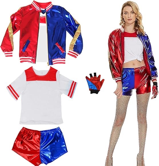 Halloween Blue & Red Costumes Cosplay Set for Women Girls with T-shirt Jacket Shorts : Amazon.ca: Clothing, Shoes & Accessories