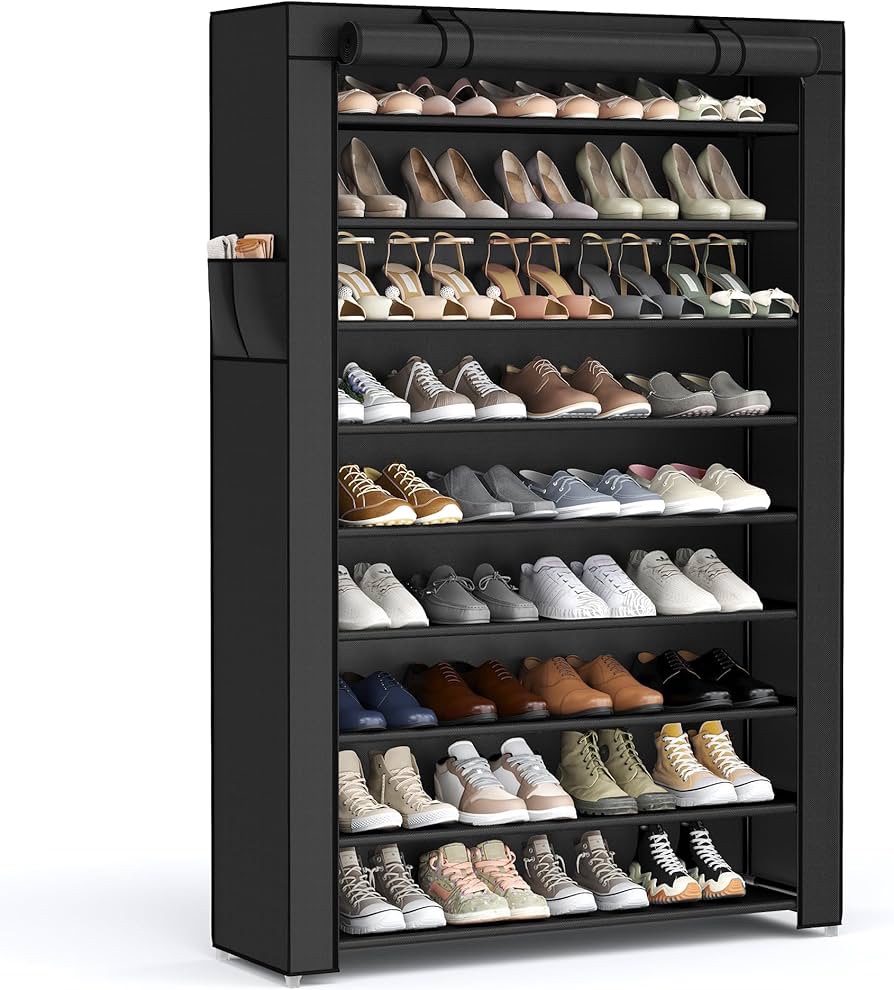 SONGMICS 9-Tier Shoe Rack, Shoe Storage Cabinet with Dustproof Cover, Free-Standing Shoe Storage Organizer for Closet, Entryway, Hold 40-50 Pairs of Shoes, for Sneakers, High Heels, Black URXJ36HV1 : 