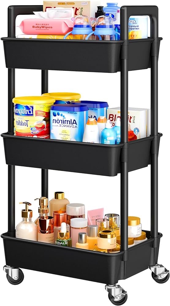 Pipishell 3 Tier Rolling Cart Organizer, Plastic Rolling Cart with Lockable Wheels & Reinforced Handle, Lightweight Utility Cart Storage Cart for Nursery, Kitchen, Bathroom, Craft Room, Black, PIUC14B