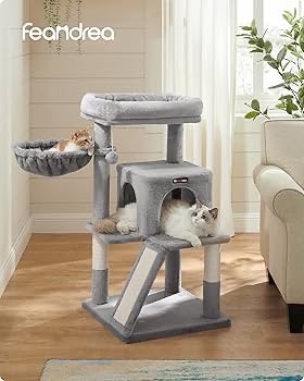 Feandrea Cat Tree, Small Cat Tower with Widened Perch for Large Cats Indoor, Kittens, 37.8-Inch Multi-Level Cat Condo, Scratching Posts and Ramp, 2-Door Cat Cave, Cat Basket, Light Gray UPCT51W : Amaz