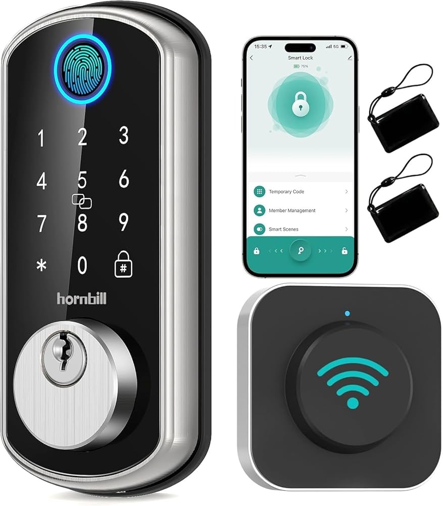 Hornbill Smart WiFi Front Door Lock: Keyless Entry Fingerprint Deadbolt - Alexa Bluetooth Electronic Keypad Door Locks for House Apartment Auto Lock Smart Life APP Remote Control, Silver, Deadbolts - 