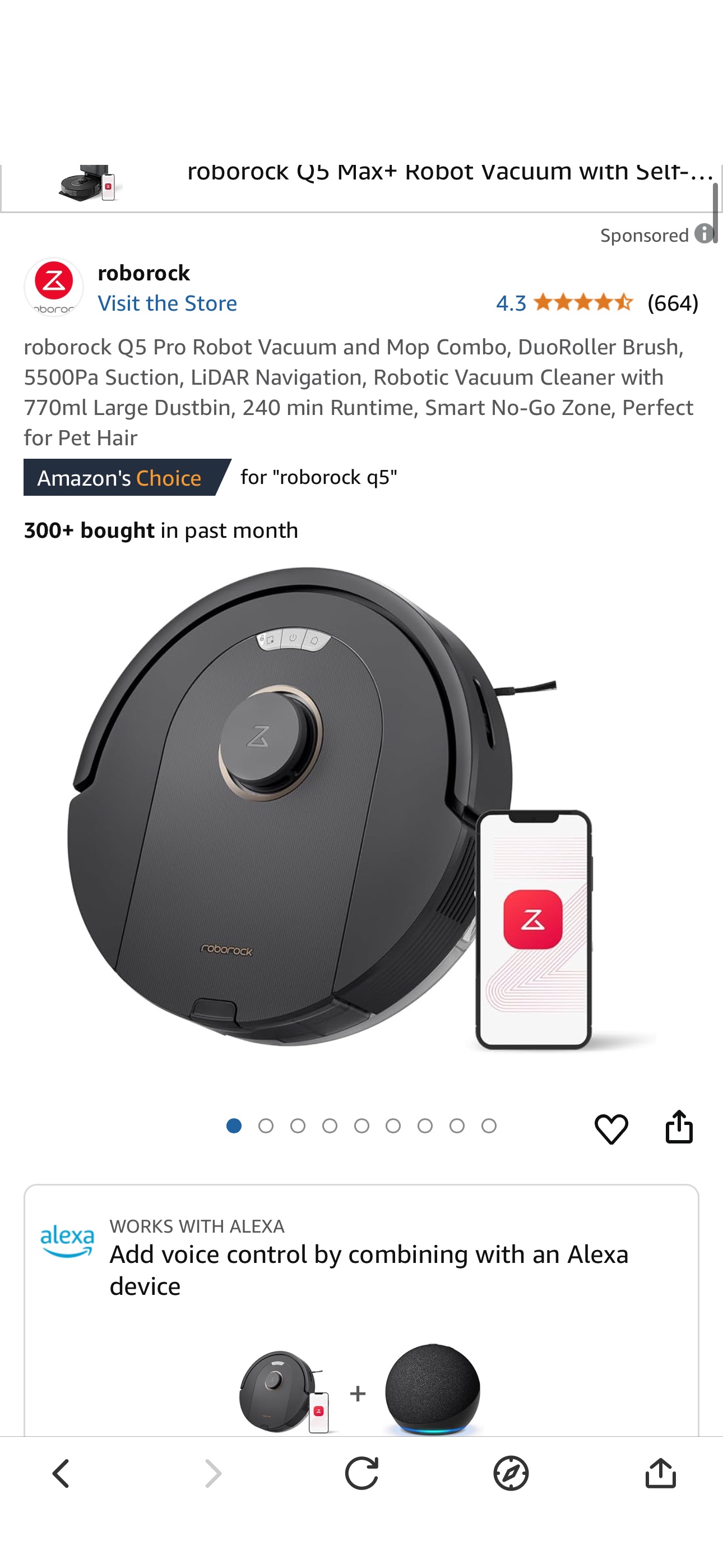 roborock Q5 Pro Robot Vacuum and Mop Combo, DuoRoller Brush, 5500Pa Suction, LiDAR Navigation, Robotic Vacuum Cleaner with 770ml Large Dustbin, 240 min Runtime, Smart No-Go Zone, Perfect for Pet Hair 