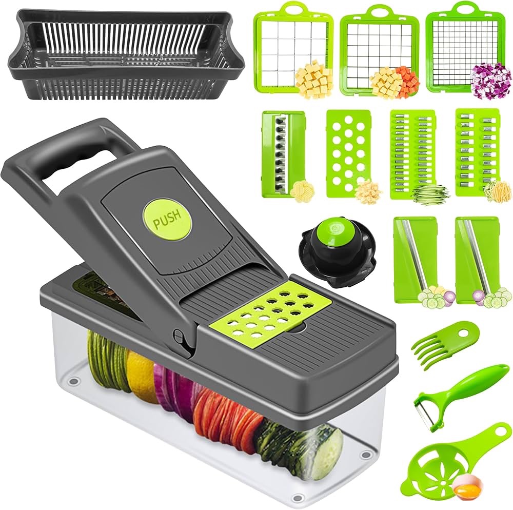 16 in 1 Mandoline Vegetable Food Chopper, Slicers and Vegetable Cutters, Multi Function Kitchen Veg Cutter for Onion Garlic Potato Salad, Veggie Chopper with Container and Draining Basket : Amazon.ca: