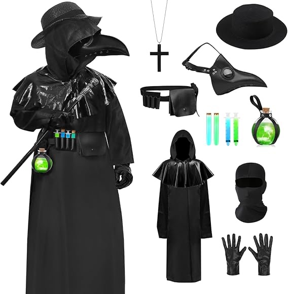 14PCS Plague Doctor Costume Set with Robe Cane Beak Mask Hat Glass Vials for Halloween Medieval Monk Priest Cosplay Outfit : Amazon.ca: Clothing, Shoes & Accessories