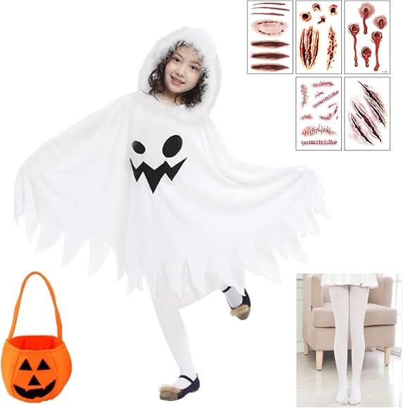 Halloween Ghost Elf Cloak Costume Hooded Cape White Cloaks With Pumpkin bag Stockings Girls Cute Spooky Ghost Costume (6-7Y) : Amazon.ca: Toys & Games