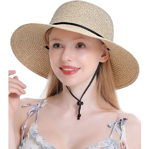 Womens Straw Hat Wide Brim Floppy Beach Cap Adjustable Sun Hat for Women UPF 50+