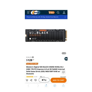 $128.97 Western Digital WD BLACK SN850 NVMe M.2 2280 1TB PCI-Express 4.0 x4 3D NAND Internal Solid State Drive (SSD) WDS100T1XHE w/ Heatsink Internal SSD固态硬盘