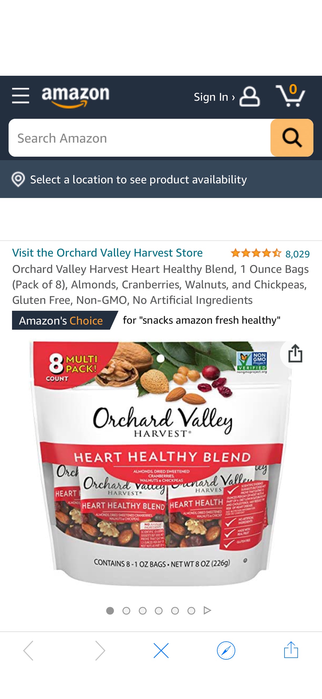 Amazon.com : Orchard Valley Harvest Heart Healthy Blend, 1 Ounce Bags (Pack of 8), Almonds, Cranberries, Walnuts, and Chickpeas, Gluten Free, Non-GMO, No 坚果果干