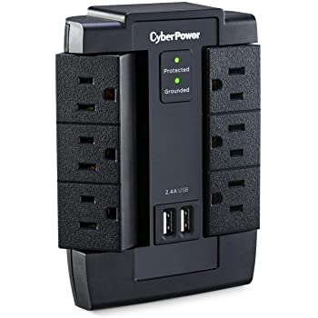 Amazon.com: CyberPower CSP600WSU Surge Protector, 1200J/125V, 6-AC Swivel Outlets, 2 USB Charging Ports, Wall Tap Design 电涌保护器