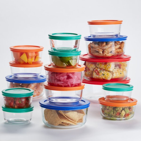 Simply Store Glass Food Storage & Bake Container Set, 32 Piece with Multicolor Lids