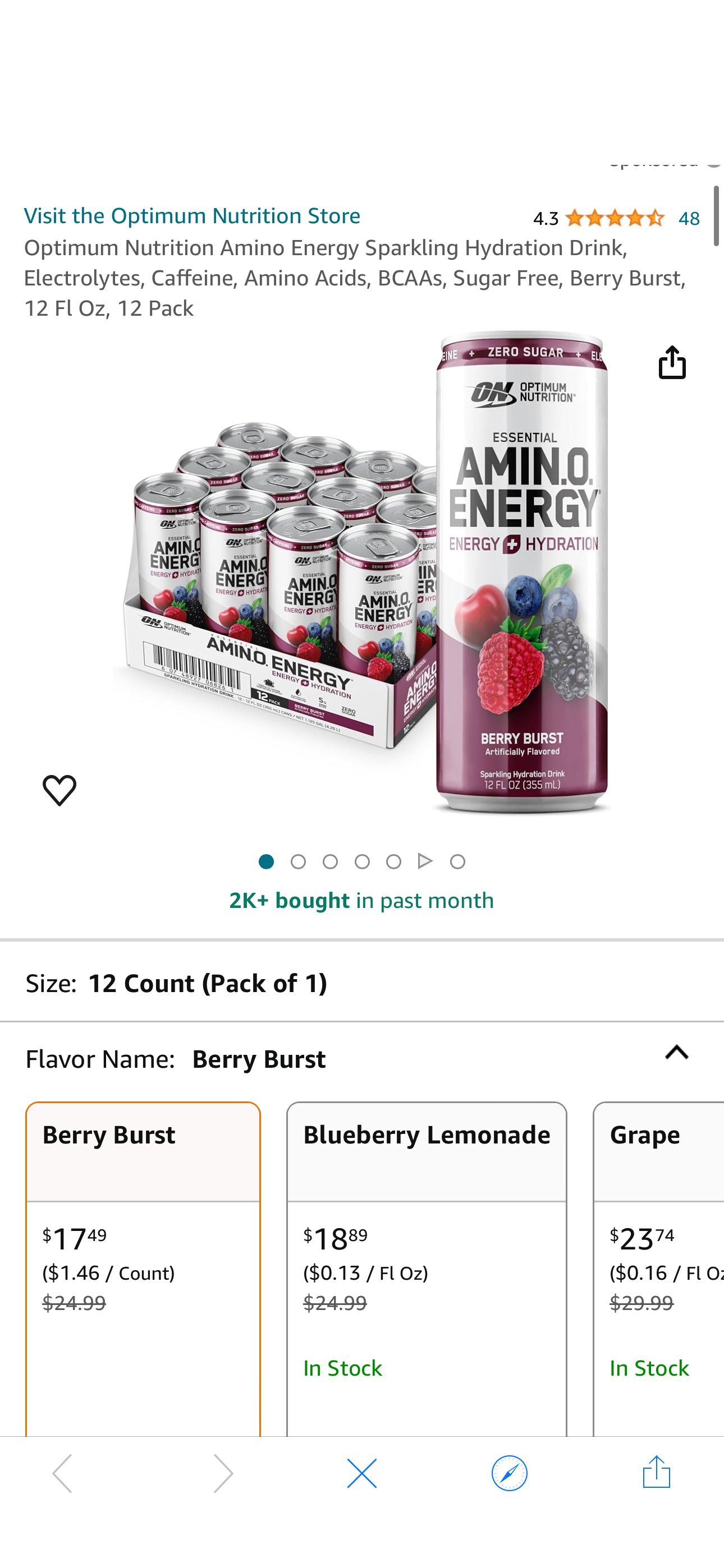 Amazon.com: Optimum Nutrition Amino Energy Sparkling Hydration Drink, Electrolytes, Caffeine, Amino Acids, BCAAs, Sugar Free, Berry Burst, 12 Fl Oz, 12 Pack : Health & Household