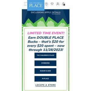  买$20得$20 The Children s Place PLACE BUCKS