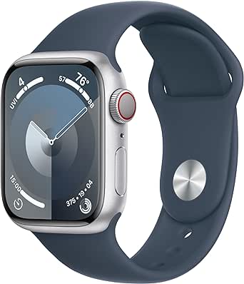 Amazon.com: Apple Watch Series 9 [GPS + Cellular 41mm] Smartwatch with Silver Aluminum Case with Storm Blue Sport Band M/L. Fitness Tracker, Blood Oxygen &amp; ECG Apps 