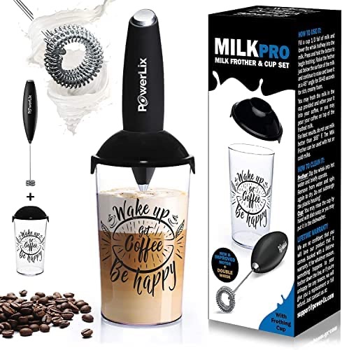 PowerLix Milk Frother Handheld Battery Operated Electric Foam Maker For Coffee, Latte, Frappe, Matcha, Drink Mixer With Stainless Steel Double Whisk, Mini Hand Held Machine, Foamer Cup Included