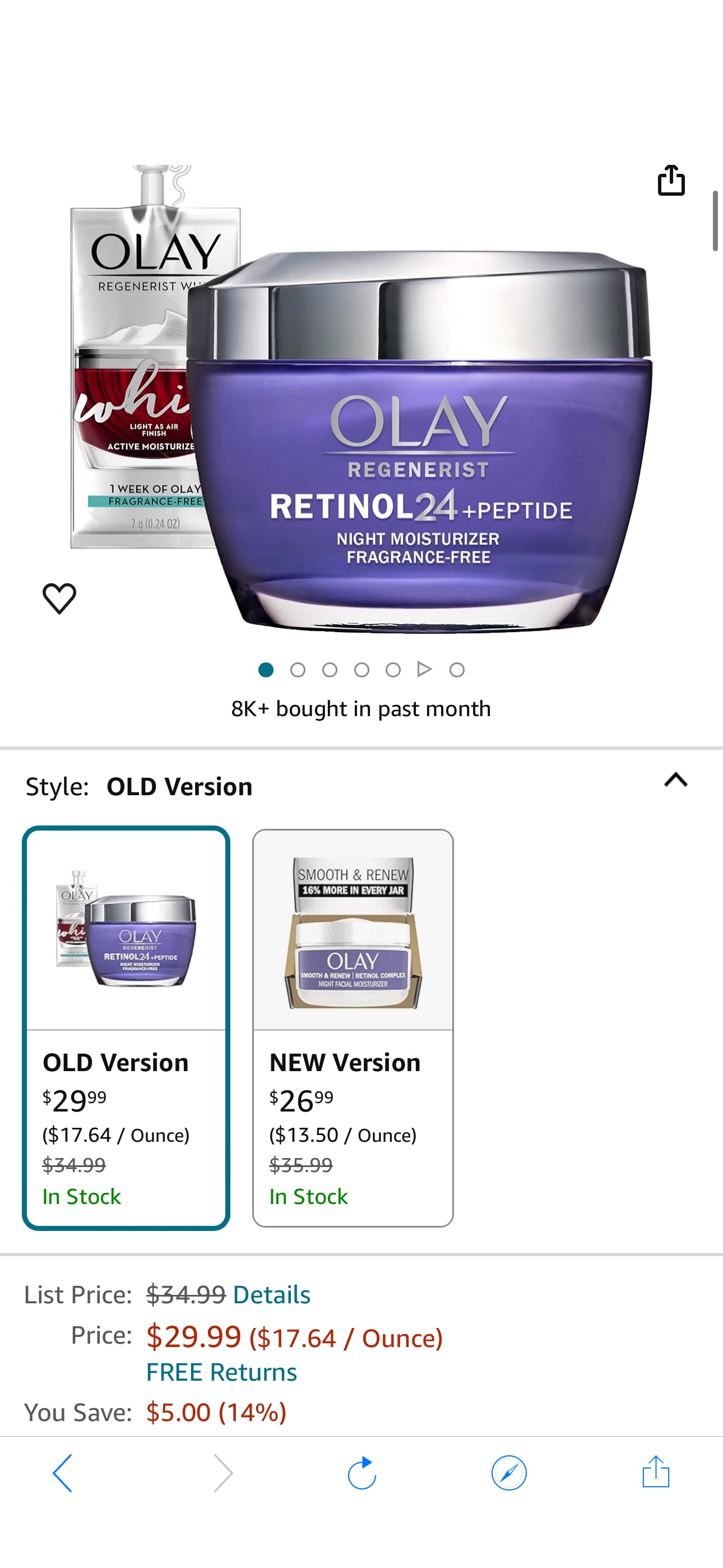 Amazon.com: Olay Regenerist Retinol Moisturizer, Retinol 24 Night Face Cream with Niacinamide, Anti-Wrinkle Fragrance-Free 1.7 oz, Includes Olay Whip Travel Size for Dry Skin : Beauty & Personal Care