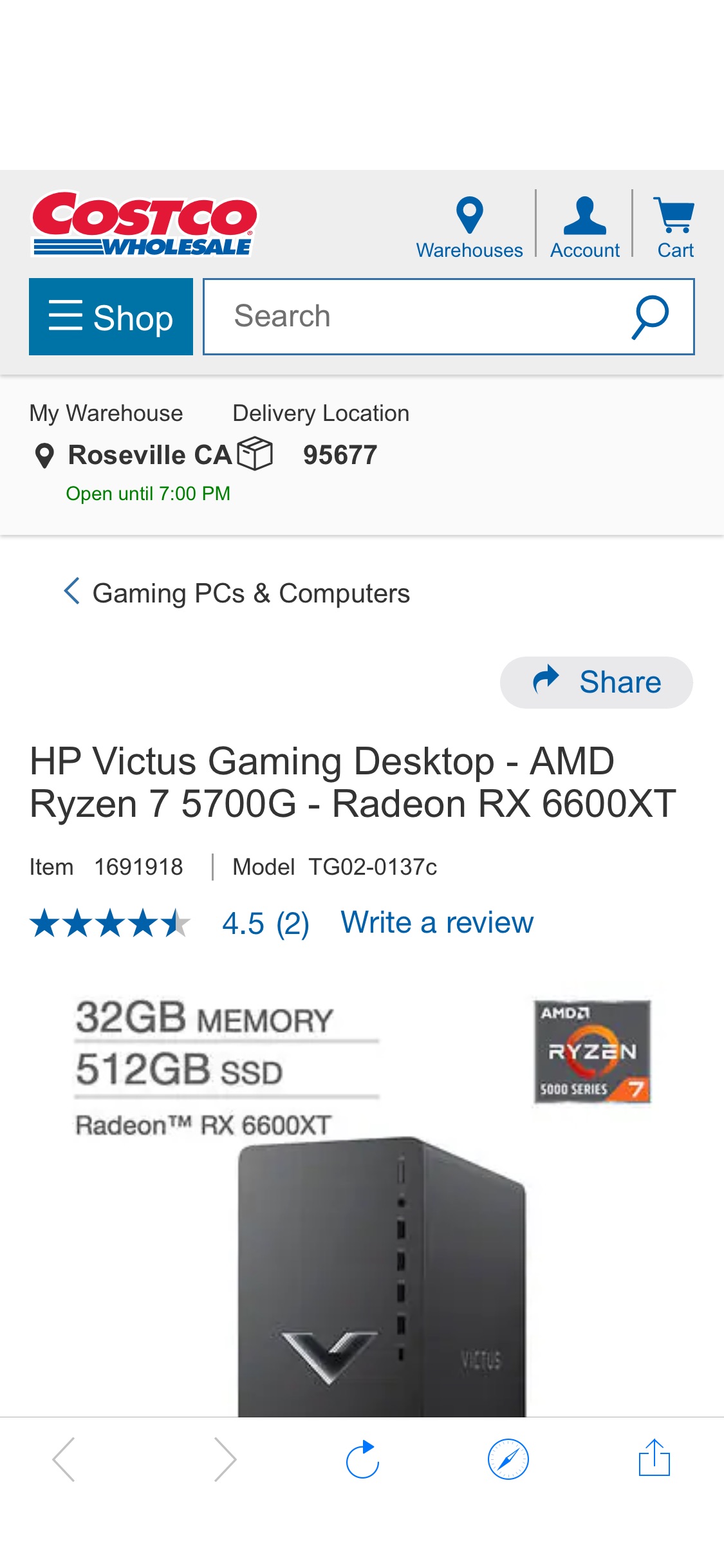HP Victus Gaming Desktop - AMD Ryzen 7 5700G - Radeon RX 6600XT | Costco