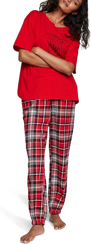 Victoria's Secret Flannel Jogger Teejama, PJ Set for Women, 2 Piece Lounge Set PJs, Flannel Pajamas Women, Women's Sleepwear, Red (XXL) at Amazon Women’s Clothing store