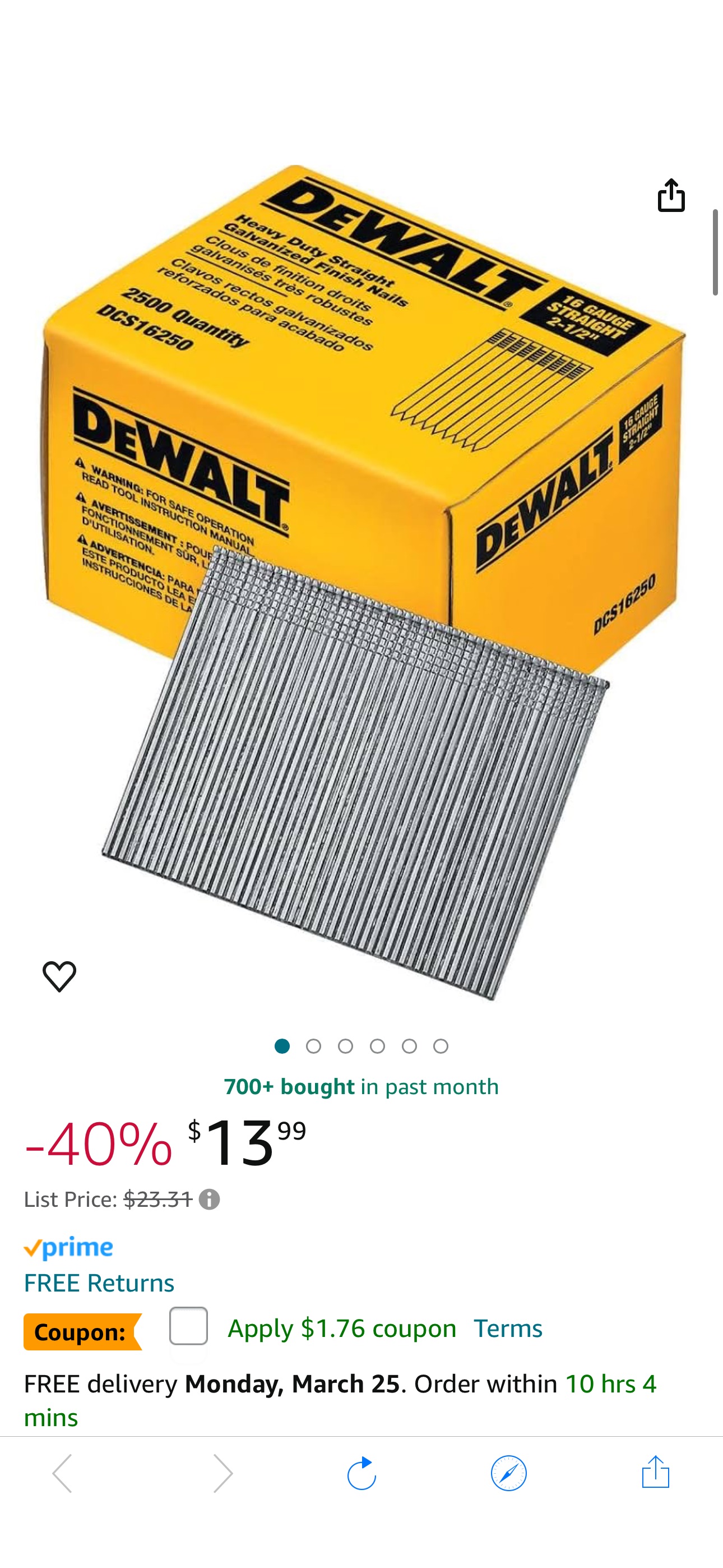 DEWALT Finish Nails, 2-1/2-Inch, 16GA, 2500 Count (Pack of 1)(DCS16250) - Collated Finish Nails - Amazon.com coupon