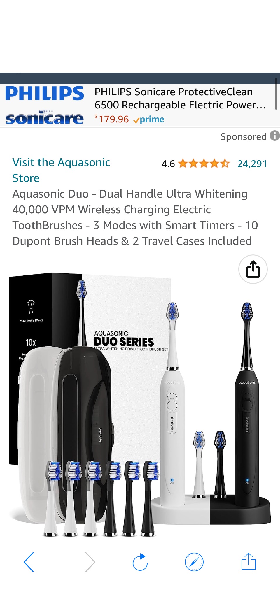 Amazon.com: Aquasonic Duo - Dual Handle Ultra Whitening 40,000 VPM Wireless Charging Electric ToothBrushes - 3 Modes with原价69.95