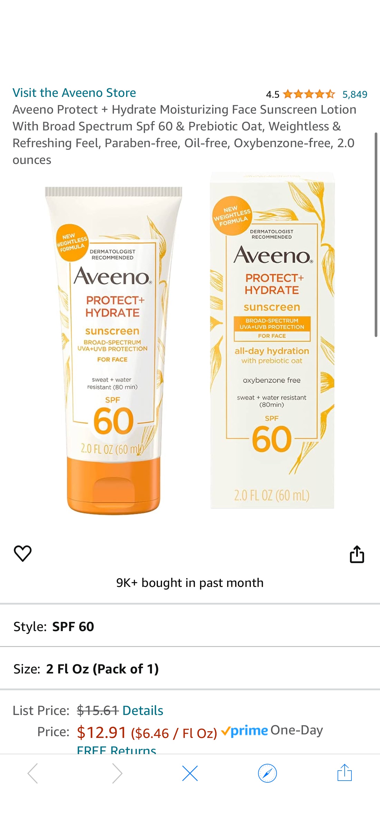 Amazon.com: Aveeno Protect + Hydrate Moisturizing Face Sunscreen Lotion With Broad Spectrum Spf 60 & Prebiotic Oat, Weightless & Refreshing Feel, Paraben-free, Oil-free, Oxybenzone-free, 2.0 ounces : 