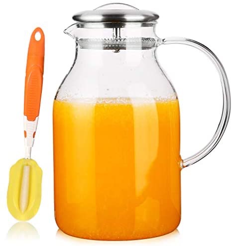 Amazon.com | Hiware 68 Oz Glass Pitcher with Lid and Spout - High Heat Resistance Pitcher for Hot/Cold Water & Iced Tea, Cleaning Brush Included: Carafes & Pitchers 玻璃水瓶
