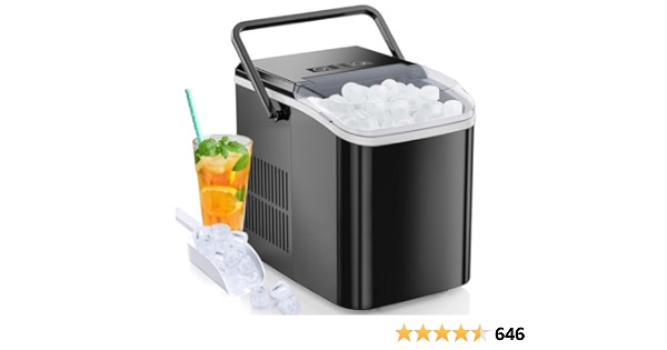 DUMOS Countertop Ice Maker, Portable Ice Machine Self-Cleaning, 9 Cubes in 6 Mins, 26.5lbs/24Hrs, 2 Sizes of Bullet Ice, with Ice Scoop, Basket and Handle, Ice Cube Maker for Home Kitchen,Bright Black