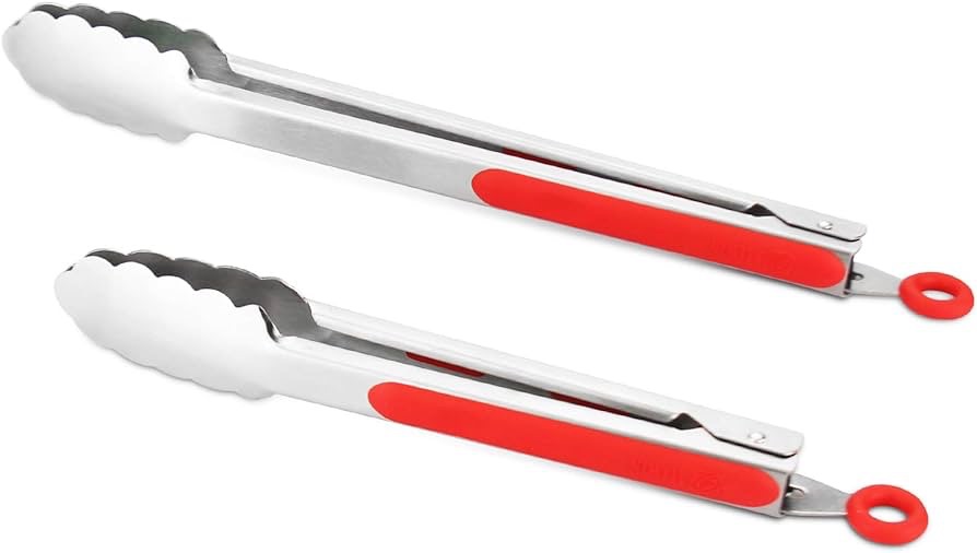 Amazon.com : 304 Stainless Steel Kitchen Cooking Tongs, 9" and 12" Set of 2 Sturdy Grilling Barbeque Brushed Locking Food Tongs with Ergonomic Grip, Red : Home & Kitchen