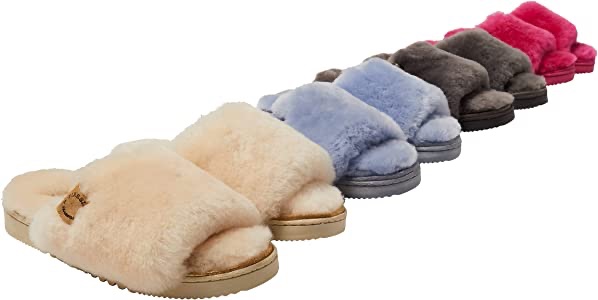 Amazon.com | Dearfoams Women's Fireside Cairns Shearling Easy On/Off Slide Sandal Slipper, Paradise Pink, 8 | Slippers