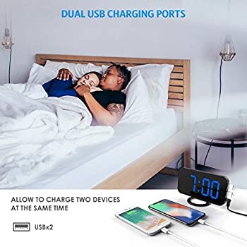数字闹钟，最新版本 6.5" 大镜面 LED 时钟，带双 USB 充电器端口，自动/自定义亮度，卧室家庭办公室的贪睡功能（黑蓝）