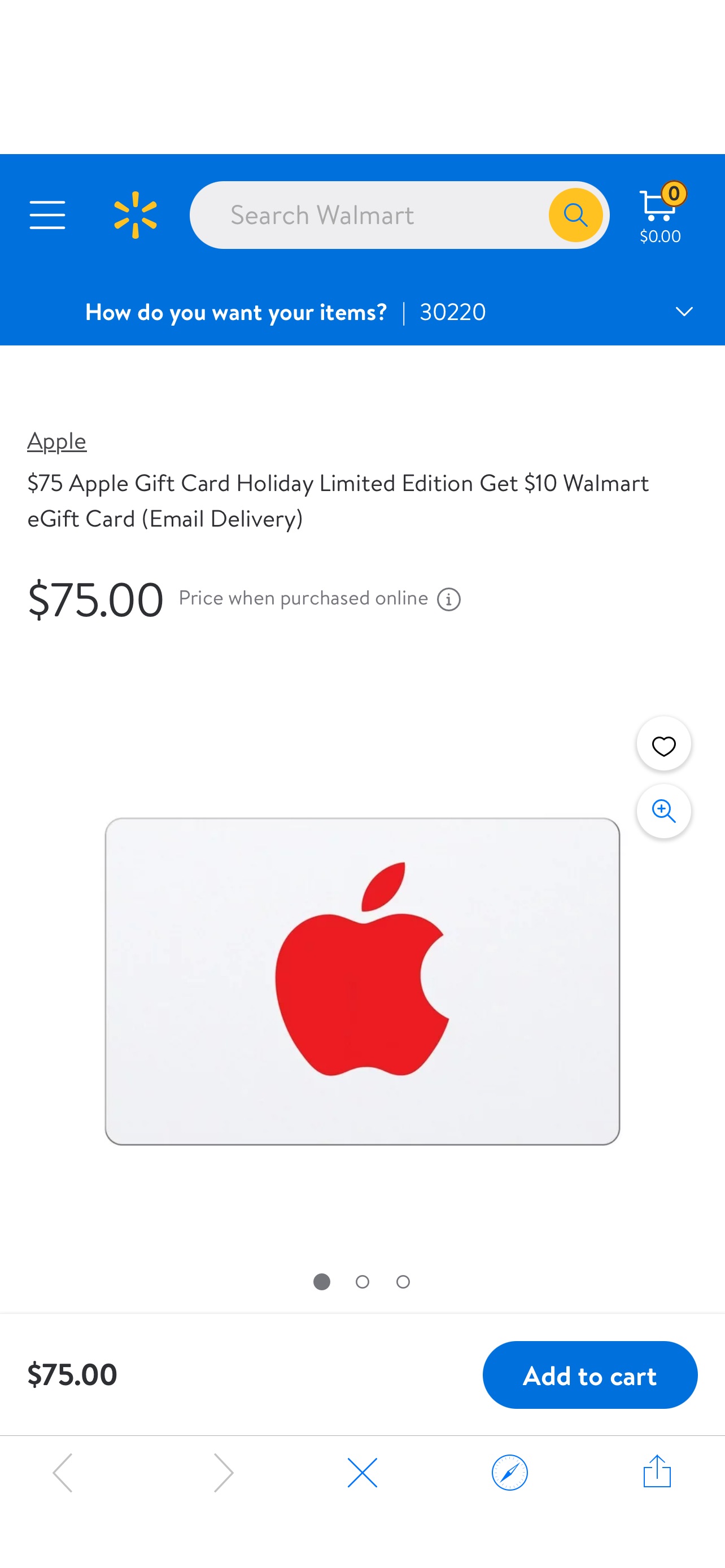 $75 Apple Gift Card Holiday Limited Edition Get $10 Walmart eGift Card (Email Delivery) - Walmart.com 送10元礼卡