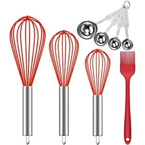 Ouddy 5 Pack Silicone Whisk Stainless Steel Measuring Scoop Set & Silicone Brush