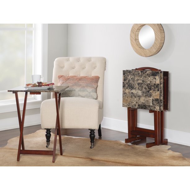 Linon 5 件套木质和人造大理石折叠电视/小吃托盘桌套装，棕色