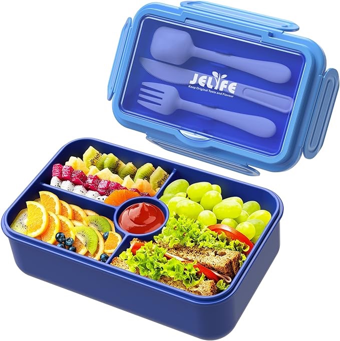 Amazon.com: Jelife儿童便当午餐盒-防漏大型便当风格，带4个隔间的午餐盒，带餐具回到学校，可重复使用的随便餐和零食包装