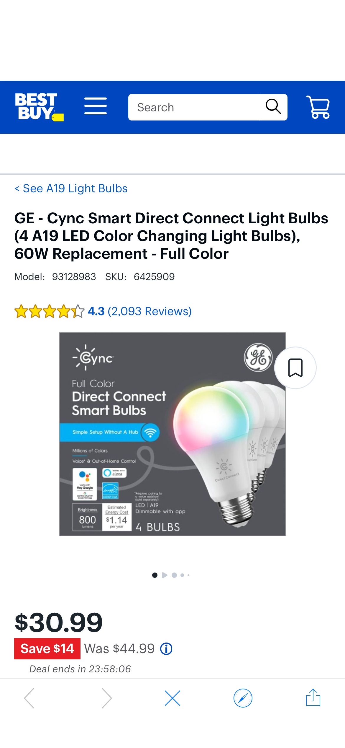 GE Cync Smart Direct Connect Light Bulbs (4 A19 LED Color Changing Light Bulbs), 60W Replacement Full Color 93128983 - Best Buy