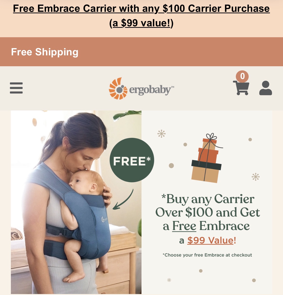 Ergobaby
現在滿$100就嬰兒背帶價值$99
Free Embrace Baby Carrier a $99 Value!
（有3個顏色黑、藍、灰可以選擇）